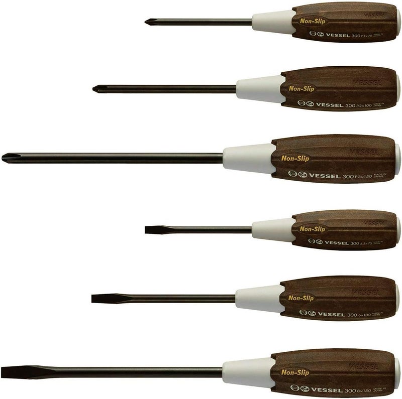 VESSEL Wood-Compo Non-Slip handle Screwdriver Made in Japan by VESSEL (6PCS SET 3006CS) - Image 1